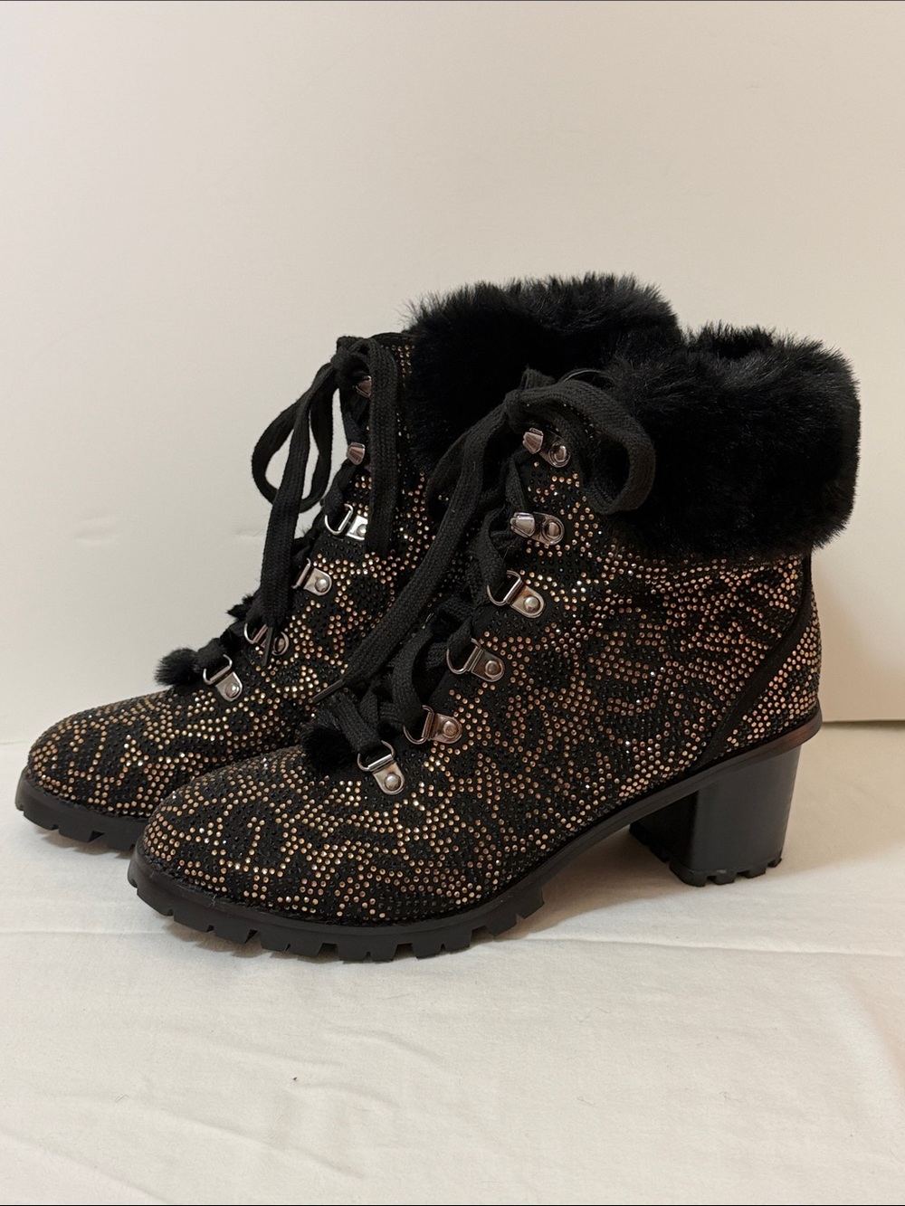 Lauren Lorraine Leopard Rhinestones Black Faux Fur Trim Lace-Up Ankle Boot NWOB